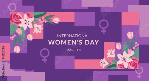 Graphic design for International Women's Day on March 8 with purple background and floral elements.
