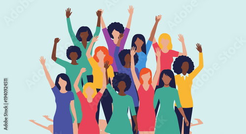 Diverse group of women celebrating with raised arms in colorful outfits against a light blue background with a joyful mood.