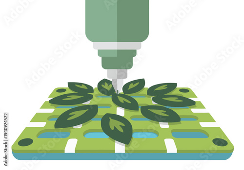 A bioprinting machine deposits plant cells onto a sustainable scaffold. Modern, clean design highlights a future of eco-friendly materials. Bright green and blue tones.