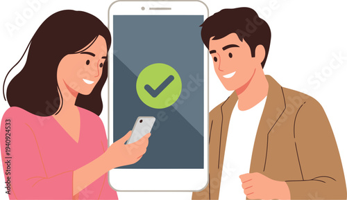 A couple celebrates a successful rental payment on their smartphones. Bright, modern illustration showcasing digital payment success. Positive, friendly interaction.