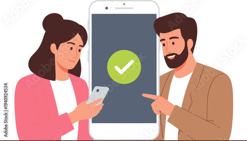 A couple celebrates a successful rental payment using a smartphone. Modern illustration style, conveying ease and satisfaction. Clean, bright design.