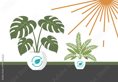 Create a serene eco-bedroom sanctuary with lush plants and sustainable pots. A modern, inviting space promoting wellness and nature. Ideal for lifestyle and home decor visuals.