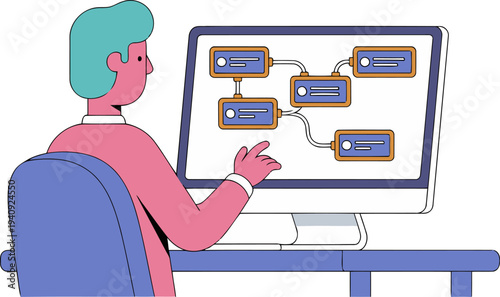 A designer works with AI data nodes on a computer screen. Modern, digital illustration style. Focus on data visualization and technology.