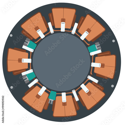 Detailed illustration of a generator coil segments power design. Vibrant orange and brown segments showcase a modern, technical aesthetic. Perfect for tech, engineering, and industrial visuals.