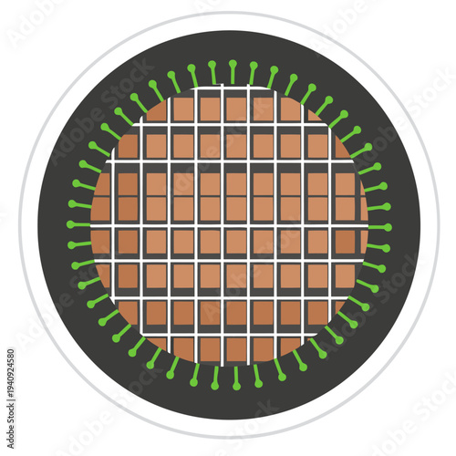 Detailed turbine generator section illustration. A circular design showcases the rotor with blades and a central core. Modern, technical, and visually informative.