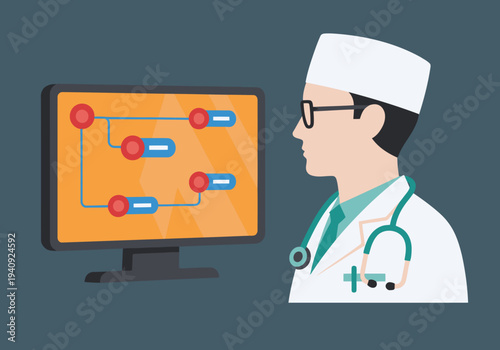 A doctor observes a digital network diagram displaying patient data. Modern, professional, and informative, ideal for healthcare and technology visuals.