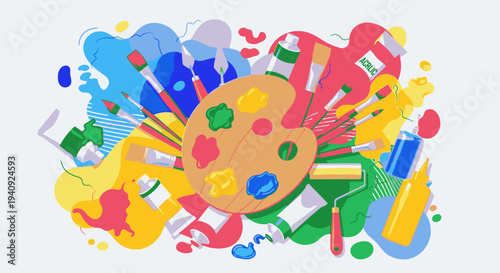 Colorful graphic illustration of art supplies including paints and brushes on a white background with a vibrant and creative mood.