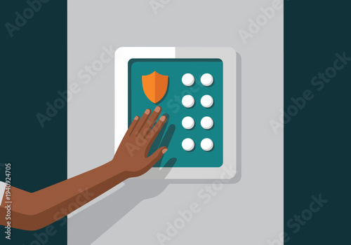 A homeowner arms their security system with a fingerprint scan. Modern, clean design with a shield icon. Professional, secure, and visually appealing.