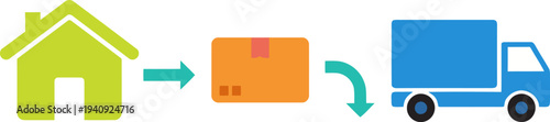Illustrates reverse shipping logistics: a house transitions to a box then a delivery truck. Clean, modern graphic design. Ideal for business and shipping concepts.