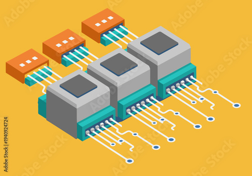 Isometric neural network node modular design. Modern, digital, and clean illustration. Perfect for tech, AI, and innovation concepts.