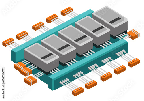 Isometric neural processing node modular illustration. Modern, detailed circuit board design with orange accents. Clean, professional, and visually appealing for tech and innovation themes.