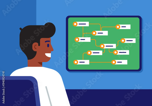 A young man analyzes a decision logic flowchart on a screen. He?s smiling, observing the data. Modern, professional setting. Focus on clarity and insight.