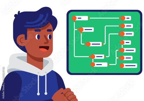 A young man analyzes an AI decision logic flowchart. He?s smiling and focused, showcasing a modern tech concept. Bright colors and a clean design.