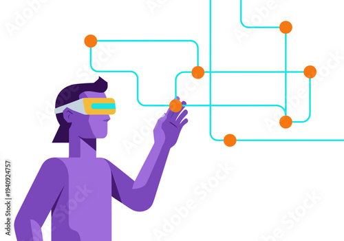 A man wearing VR goggles interacts with a network of virtual AI nodes. Modern, digital, and futuristic.  Great for tech and innovation concepts.