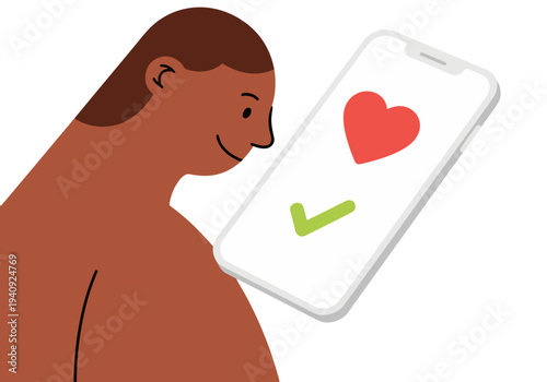 A smiling man uses a smartphone to make a charity donation, indicated by a heart and checkmark. Modern, digital, and positive.