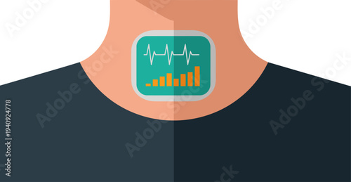 A modern health patch graphic displays vital signs data. Clean, flat design with a teal monitor and graph. Ideal for health, wellness, and technology visuals.