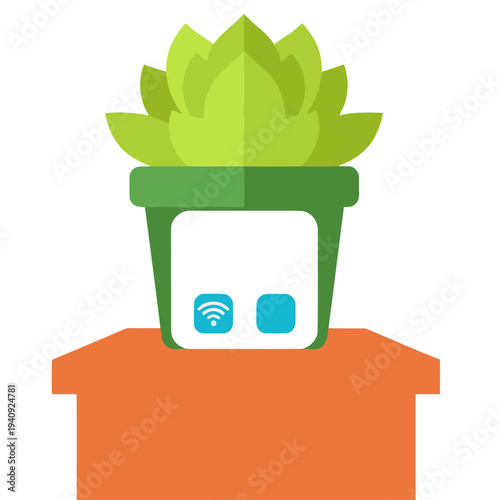 modern illustration showcases a plant pot with a digital display highlighting temperature and humidity data Clean flat design with a bedroom setting Perfect for tech gardening or home decor concepts