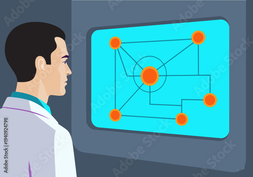 A researcher intently studies an AI node map displayed on a screen. The image showcases a modern, technological setting with a focused professional.