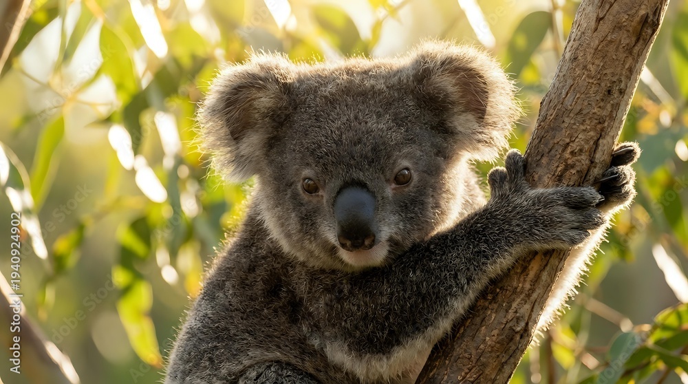Obraz premium Adorable koala bear clinging to eucalyptus tree branch in natural habitat with soft sunlight filtering through green leaves creating warm atmosphere.