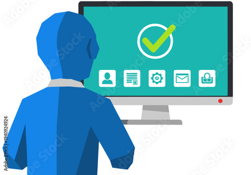 A stylized blue figure observes a computer screen displaying a successful license confirmation. Icons represent software features. Modern, clean design.