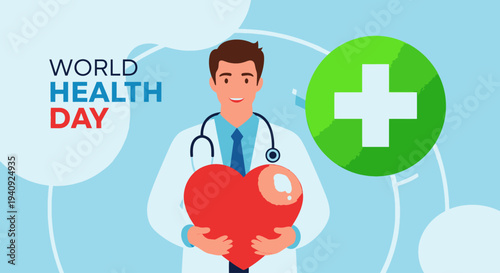 Illustration of a doctor holding a heart on World Health Day with a green cross symbol, conveying a medical and healthy mood.
