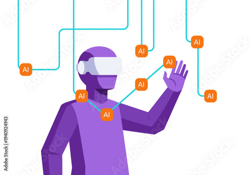 A stylized figure wearing a VR headset interacts with virtual AI nodes, showcasing a futuristic digital human experience. Vibrant colors and clean lines create a modern, engaging visual.