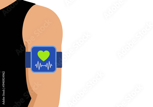 A stylized graphic depicts a heart rate monitor patch on a man's arm, showcasing a pulsing heartbeat. Modern, clean design for health and fitness visuals.