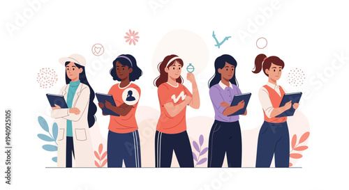 Illustration of diverse women in casual business attire holding tablets and devices on International Women's Day, standing against a colorful background with design elements.