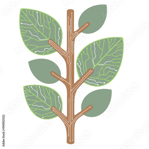 A stylized tree branch with printed circuit board leaves showcases bioprinted scaffold plant mimicry. Modern, graphic design illustration.