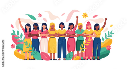 Illustration of diverse women celebrating International Women's Day with arms raised in a colorful, vibrant design on a white background.