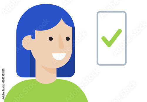 A smiling woman successfully completes a mobile payment, radiating joy. Clean, modern illustration with a bright, positive vibe.