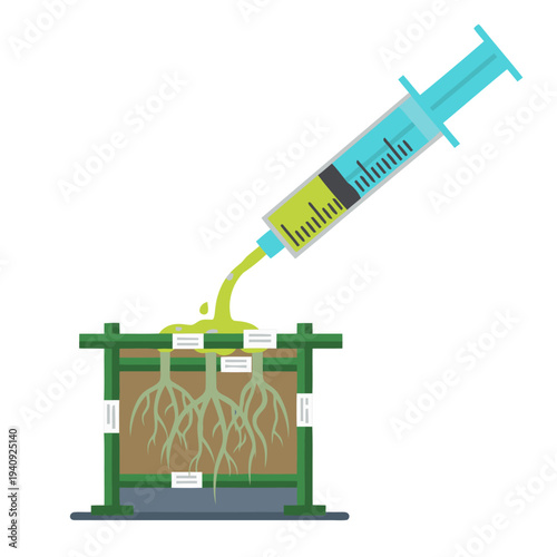 A syringe dispenses Bioink onto plant roots, illustrating medical research. Clean, modern illustration with a dark background and vibrant green accents. Perfect for science and healthcare visuals.