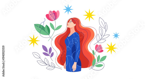 Illustration of a woman with long red hair surrounded by colorful flowers and leaves on a white background, celebrating International Women's Day with a vibrant and artistic design.