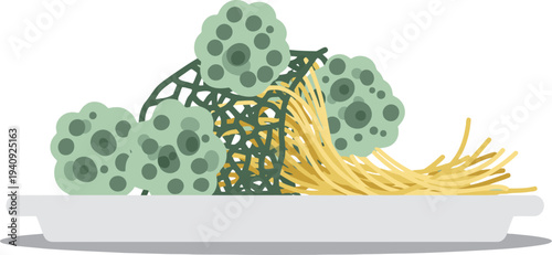 Tissue engineering cell scaffold with mold on pasta, illustrating cell engineering. Modern, clean graphic design. Suitable for science, biology, and medical concepts.