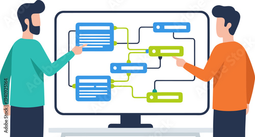Two professionals collaborate on an AI node diagram, showcasing teamwork and innovation. Modern, bright, and visually engaging for business and technology concepts.