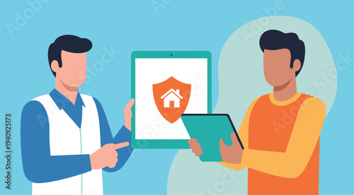 Two professionals install a home security tablet, demonstrating its features. Clean, modern illustration with a focus on technology and security. Ideal for digital marketing.