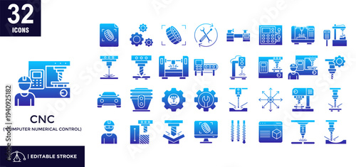 Set of 32 Computer Numerical Control (CNC) icons in glyph gradient style.