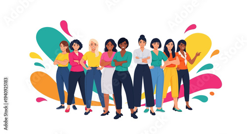 Diverse group of women standing together in a colorful illustration for International Women's Day with a vibrant background celebrating gender equality and women's empowerment.