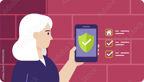 A woman uses a smartphone with a security shield displayed, protecting her data. Modern illustration style, emphasizing digital safety and privacy.