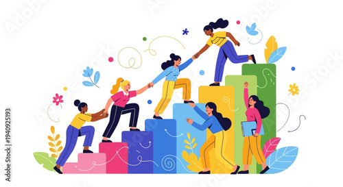 Illustration of diverse people climbing colorful blocks, symbolizing teamwork and support on International Women's Day, with a vibrant and uplifting mood against a white background.