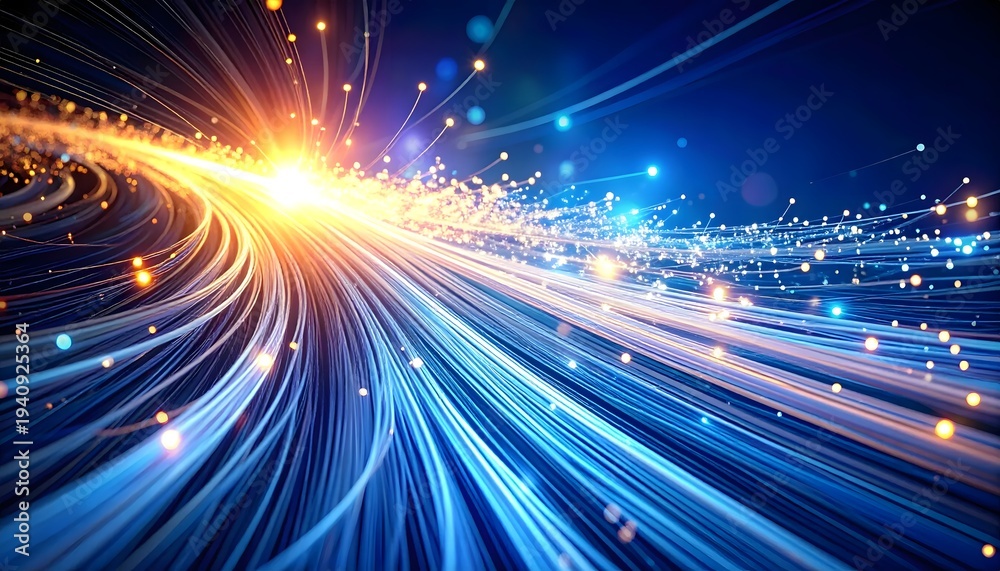Fototapeta premium Futuristic technology background with glowing neon lights speeding through a dark tunnel, emitting vibrant blue and orange hues