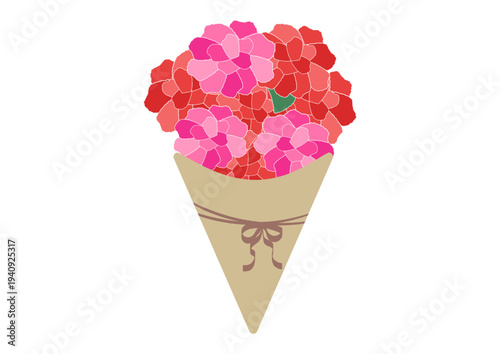 母の日のカーネーションの花束のイラスト_リボン_赤_ピンク