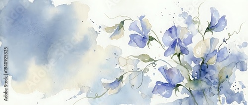 Delicate purple flowers with green leaves painted in soft watercolor technique on light background for botanical art and floral design projects.