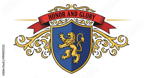Golden Lion Crest with Honor and Glory Banner.