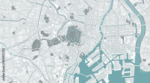 Minimalist Teal and Grey Vector Map of Central Tokyo Japan City Layout
