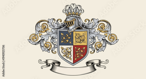 Ornate Heraldic Crest with Shield and Crown.