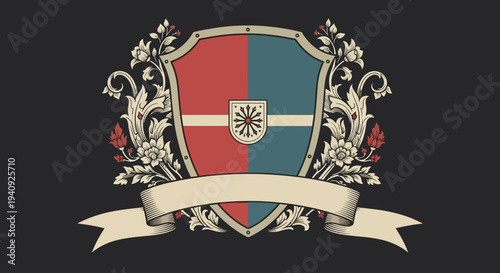 Ornate Heraldic Shield with Floral Embellishments.