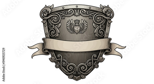 Ornate Metal Shield with Ribbon Banner.