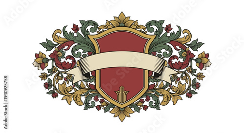 Ornate Shield Crest with Floral Decorations.
