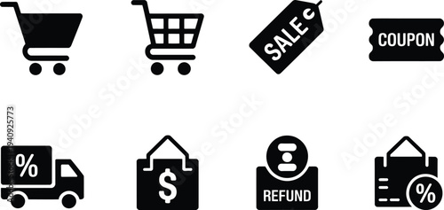Shopping icons set including shopping cart sale coupon delivery truck bag refund